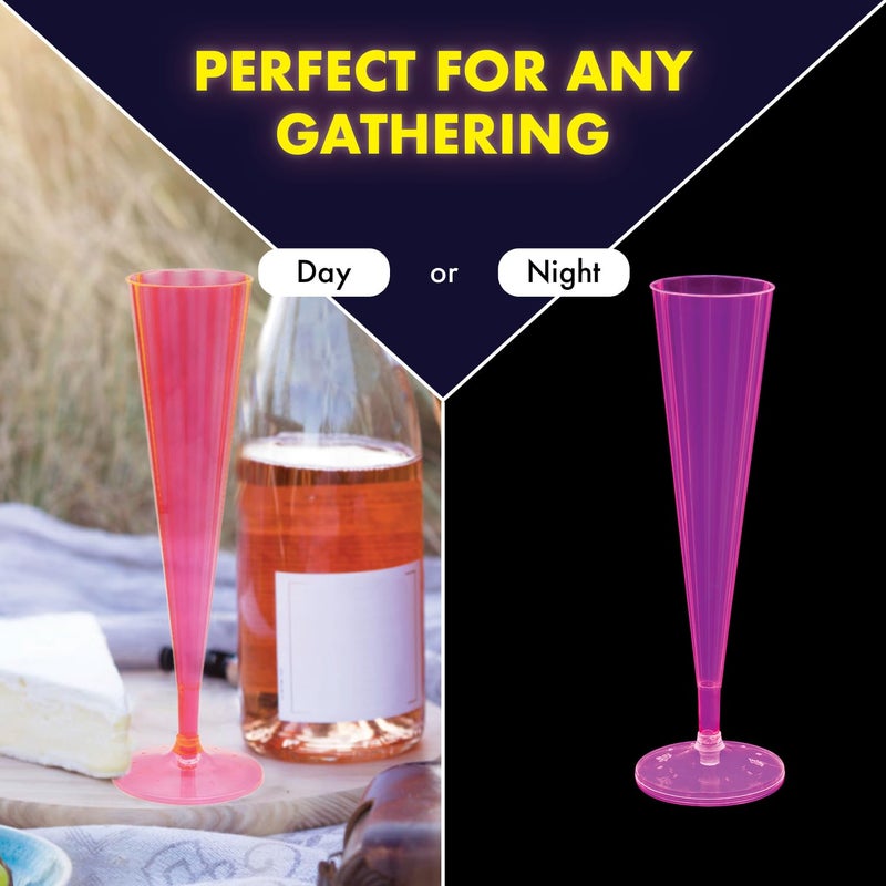 Party Essentials 100Count Hard Plastic Twopiece 5 oz Champagne Flutes, Neon Pink - Image 4